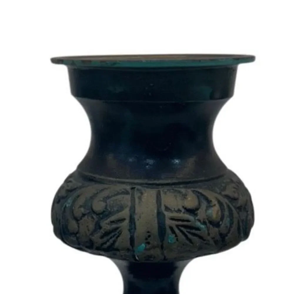 Vtg Made In India Pillar Candlestick Holder Green & Gray Footed Verdigris Trim